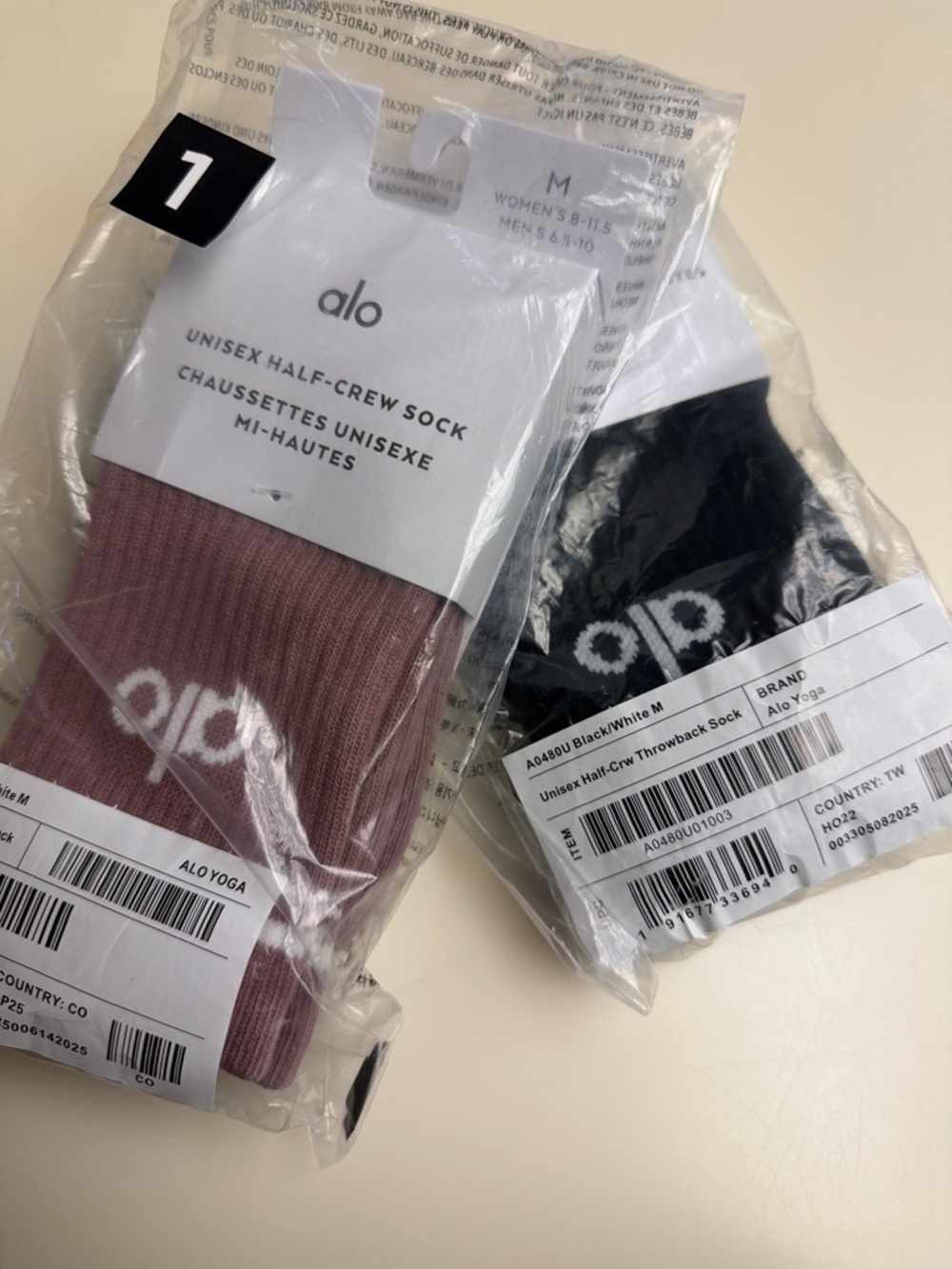 ALO Yoga Unisex Half-Crew Socks in Dusty Rose and Black 2 Pair